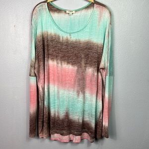 Umgee Tie Dye Semi Sheer Long Sleeve Oversized Scoop Neck Tunic Top Large